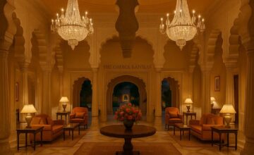The Oberoi Rajvilas lobby with traditional architecture and ambient lighting