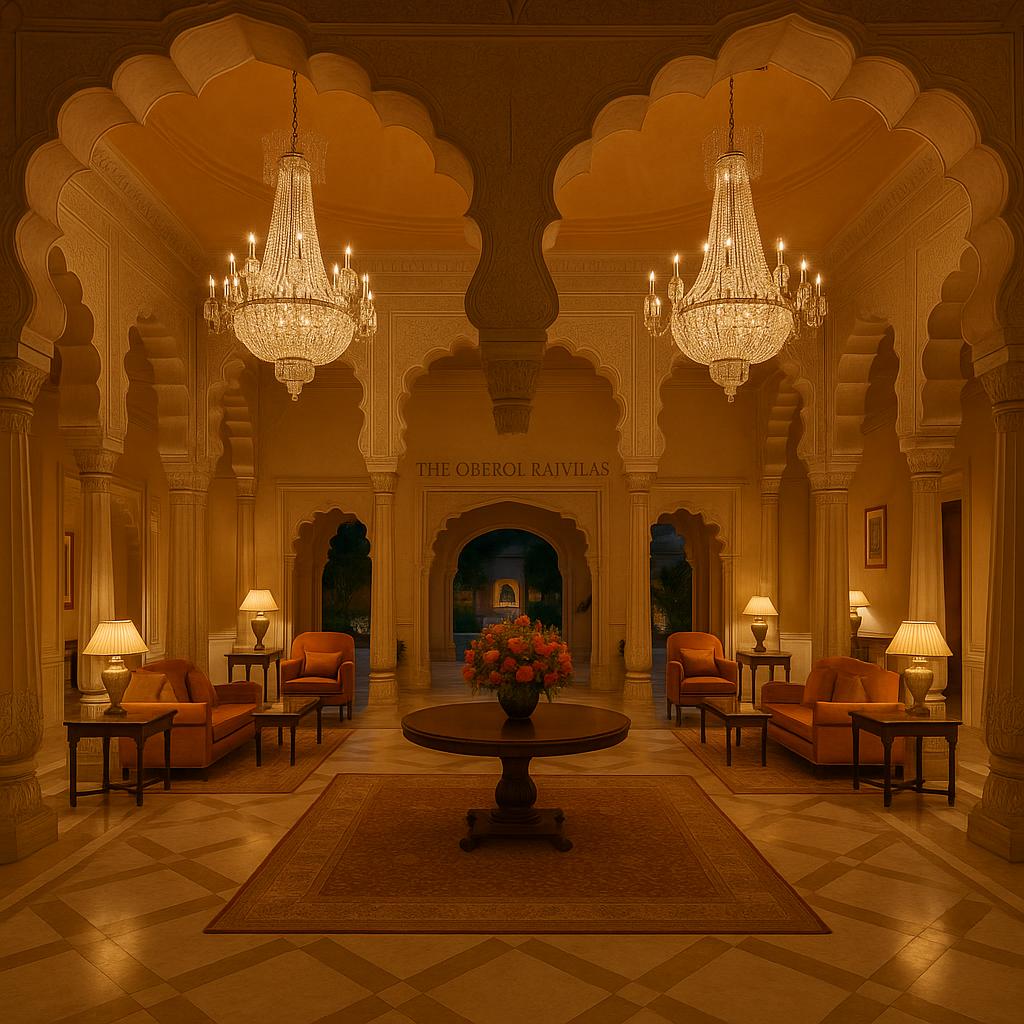 The Oberoi Rajvilas lobby with traditional architecture and ambient lighting