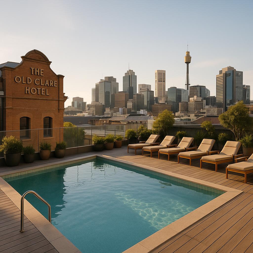 Rooftop pool at The Old Clare Hotel with city skyline in the background