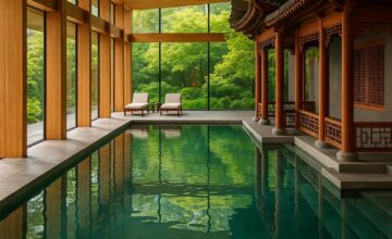 The Opposite House pool with modern Chinese architectural design and lush landscaping