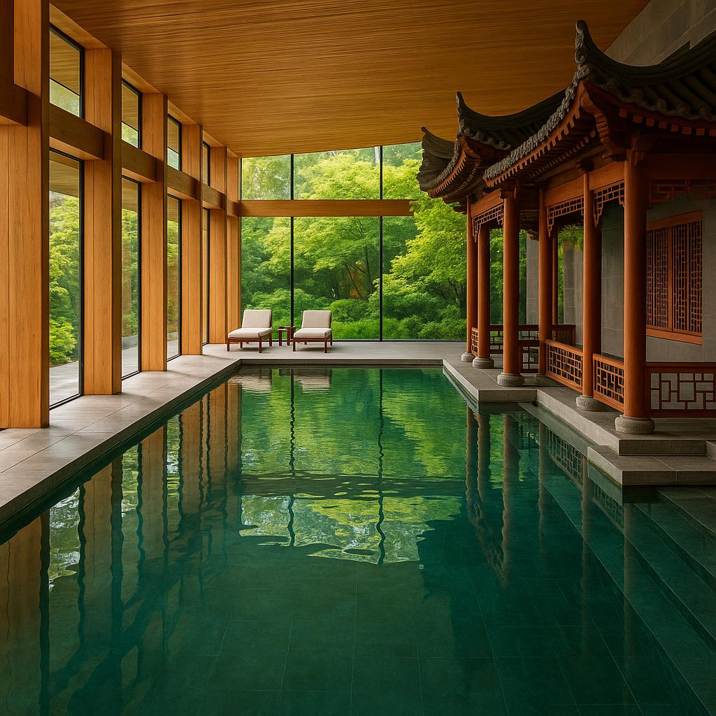 The Opposite House pool with modern Chinese architectural design and lush landscaping