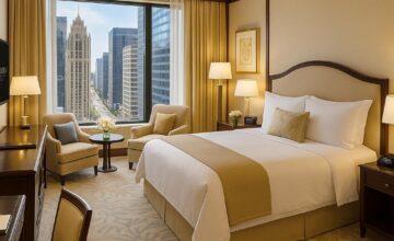 Luxury hotel room with city view at The Peninsula Chicago