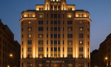 Art Deco facade of The Peninsula Shanghai at dusk