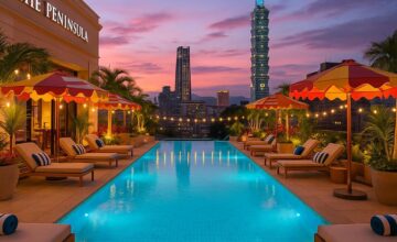 Infinity pool with Taipei skyline at The Peninsula Taipei, beach club atmosphere