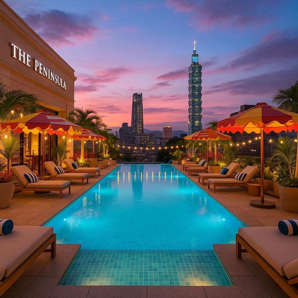 Infinity pool with Taipei skyline at The Peninsula Taipei, beach club atmosphere