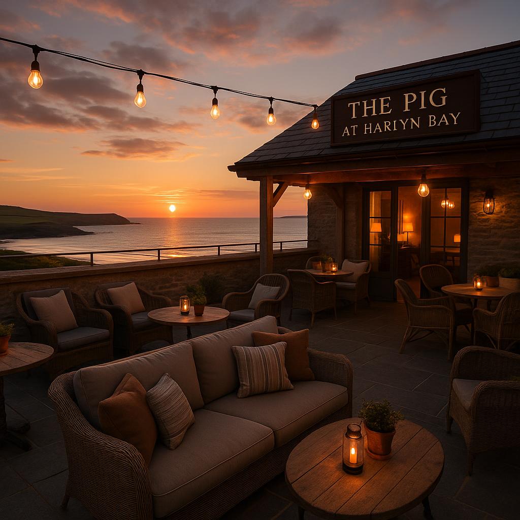 Rooftop views at The Pig at Harlyn Bay during sunset