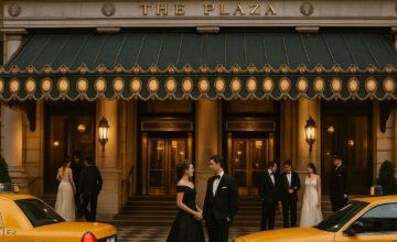 The Plaza Hotel entrance with guests and yellow taxis