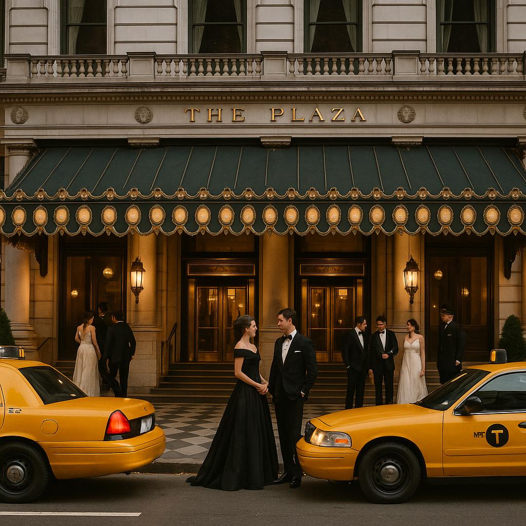 The Plaza Hotel entrance with guests and yellow taxis