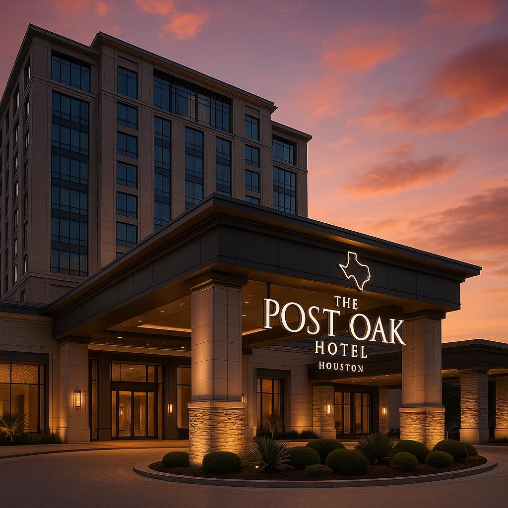 The Post Oak Hotel Houston luxury facade at sunset