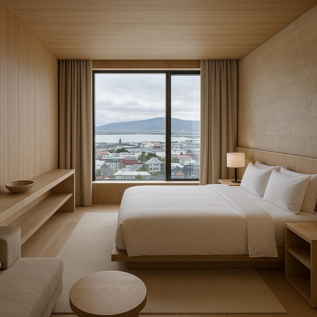 Serene minimalist hotel room at The Reykjavik EDITION with natural elements and Reykjavik view