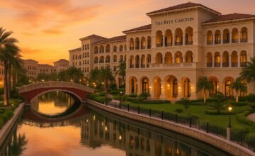 The Ritz-Carlton Abu Dhabi Grand Canal luxury hotel by picturesque canal at sunset