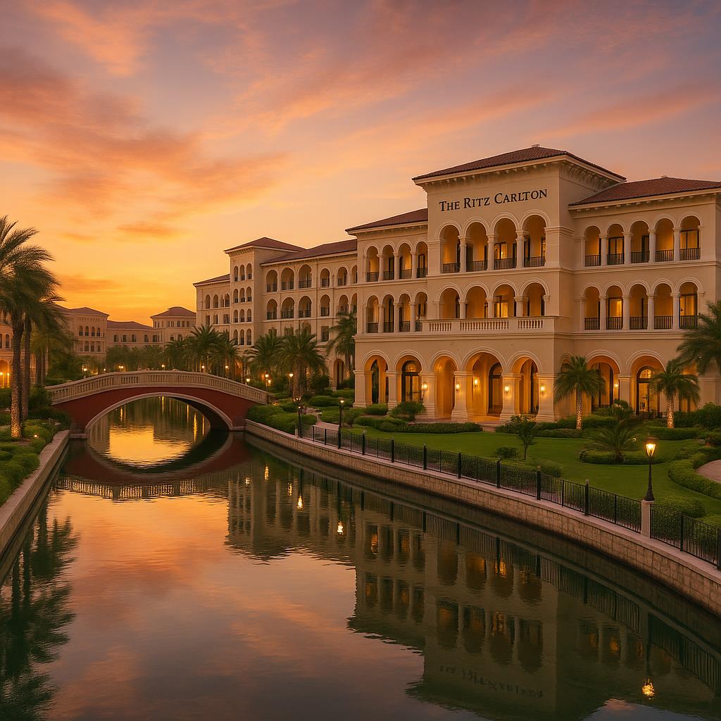 The Ritz-Carlton Abu Dhabi Grand Canal luxury hotel by picturesque canal at sunset