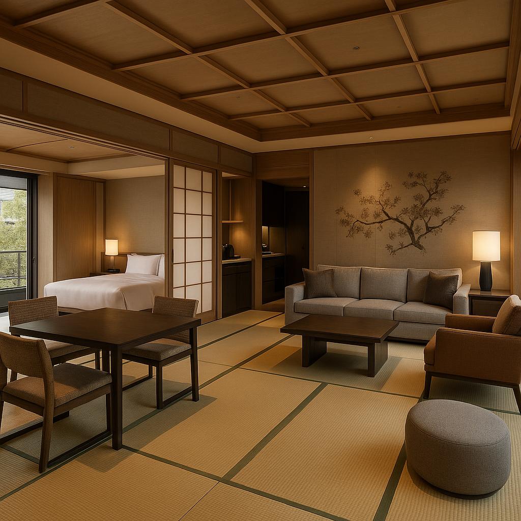 Luxurious room with tatami mats and modern furnishings at The Ritz-Carlton, Kyoto