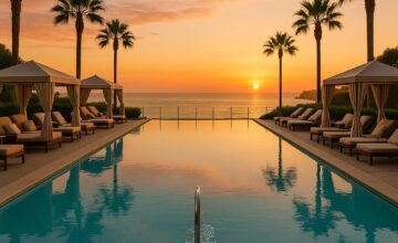 Infinity pool overlooking the ocean with cabanas and sunset sky at The Ritz-Carlton, Laguna Niguel