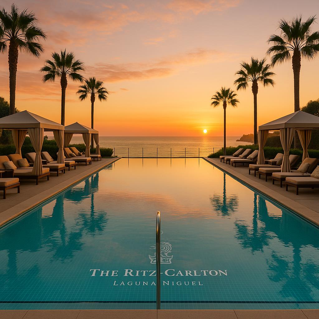 Infinity pool overlooking the ocean with cabanas and sunset sky at The Ritz-Carlton, Laguna Niguel