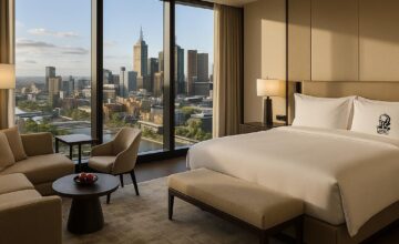 Luxurious hotel room with Melbourne skyline views