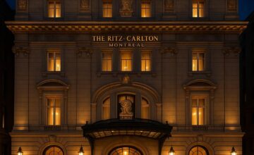 The Ritz-Carlton Montréal hotel front entrance illuminated at night
