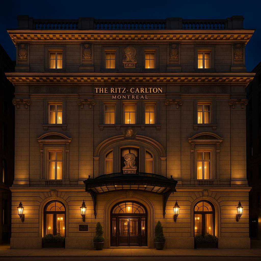 The Ritz-Carlton Montréal hotel front entrance illuminated at night