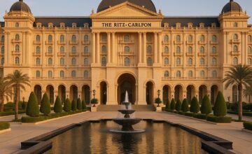 Ritz-Carlton Riyadh palace-style exterior with a grand fountain