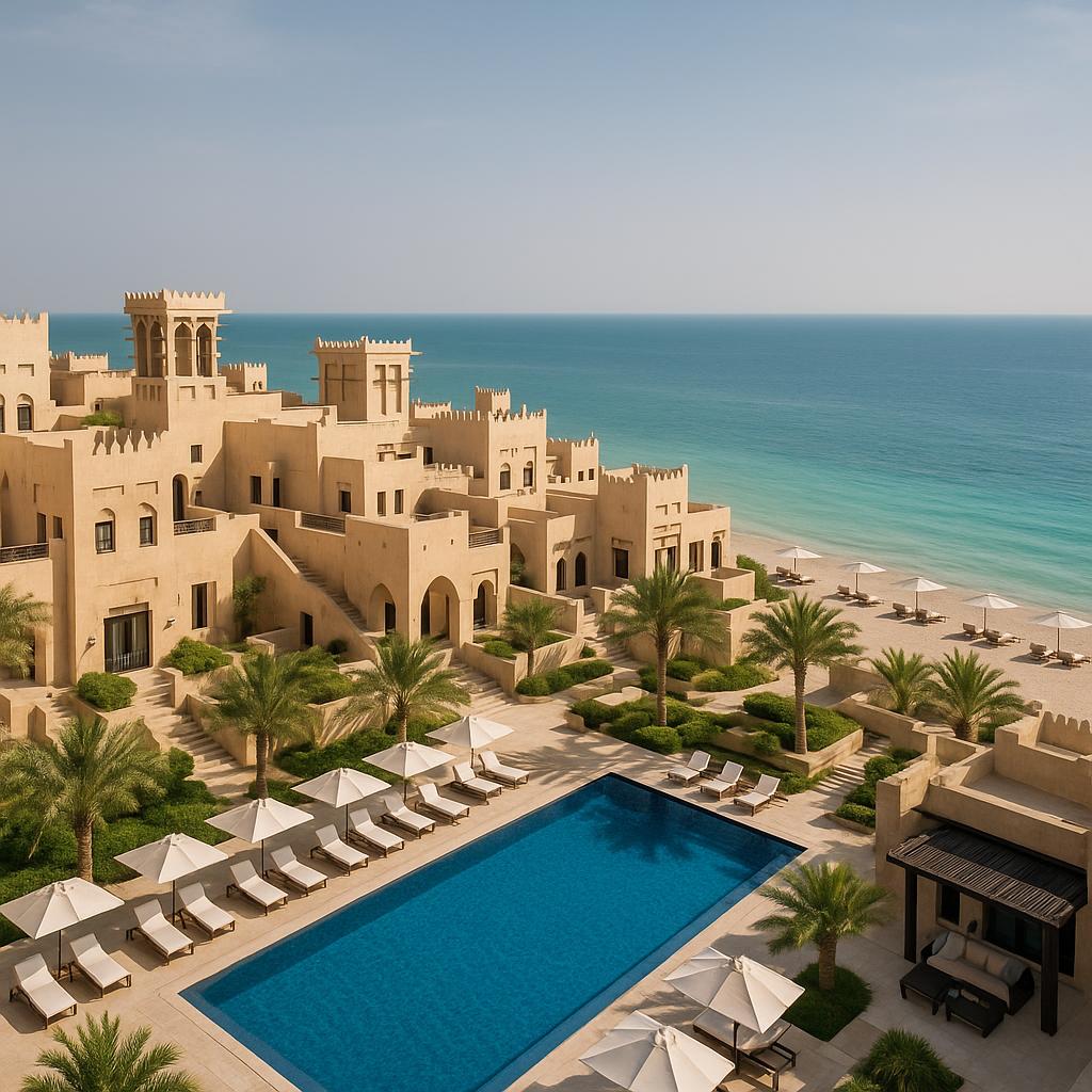 The Ritz-Carlton Sharq Village Doha exterior with Arabian Gulf beach