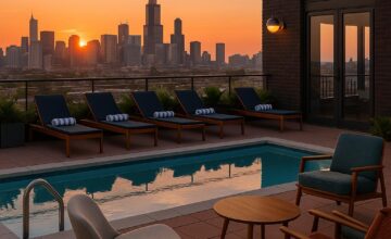 View of The Robey Chicago rooftop pool and city skyline at sunset