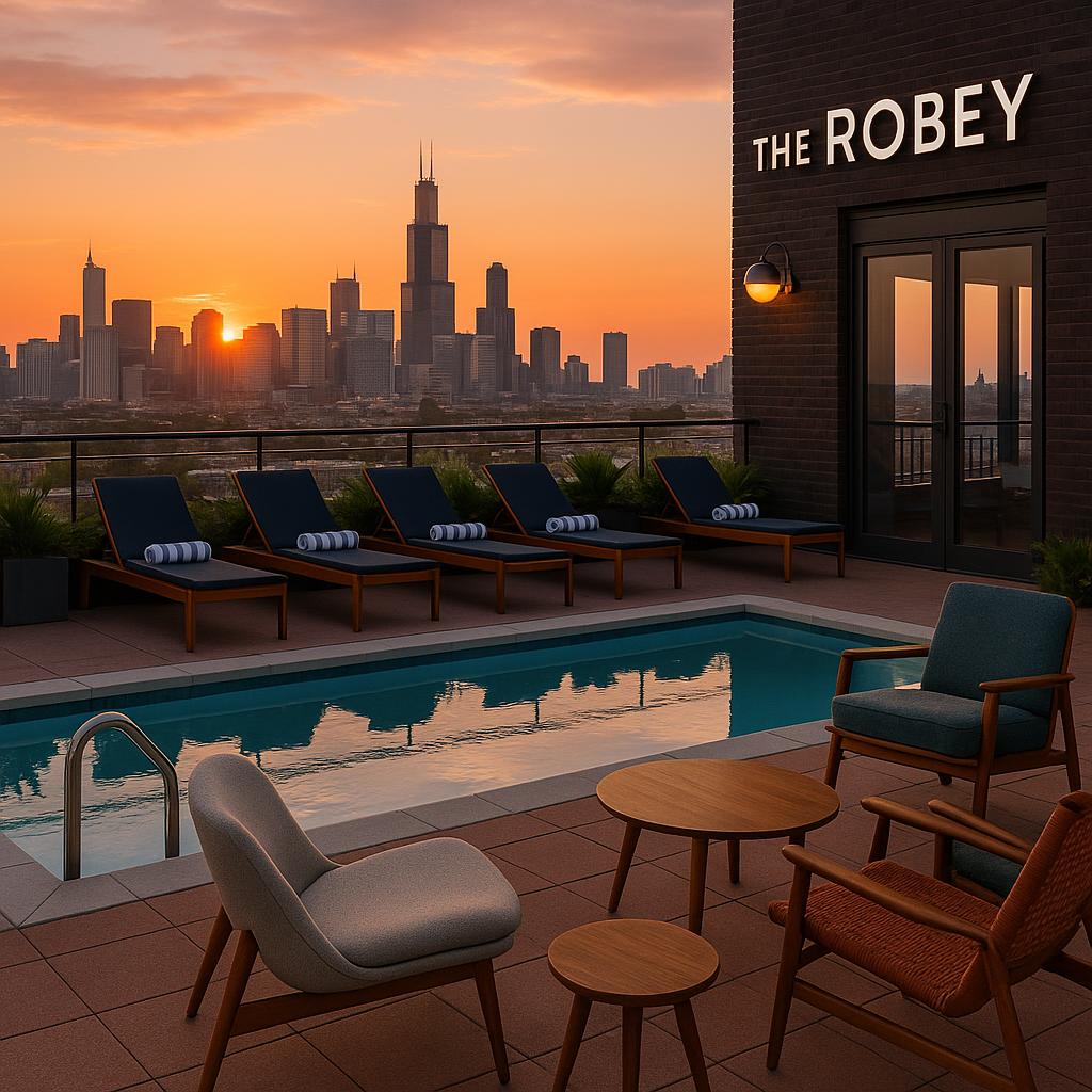 View of The Robey Chicago rooftop pool and city skyline at sunset