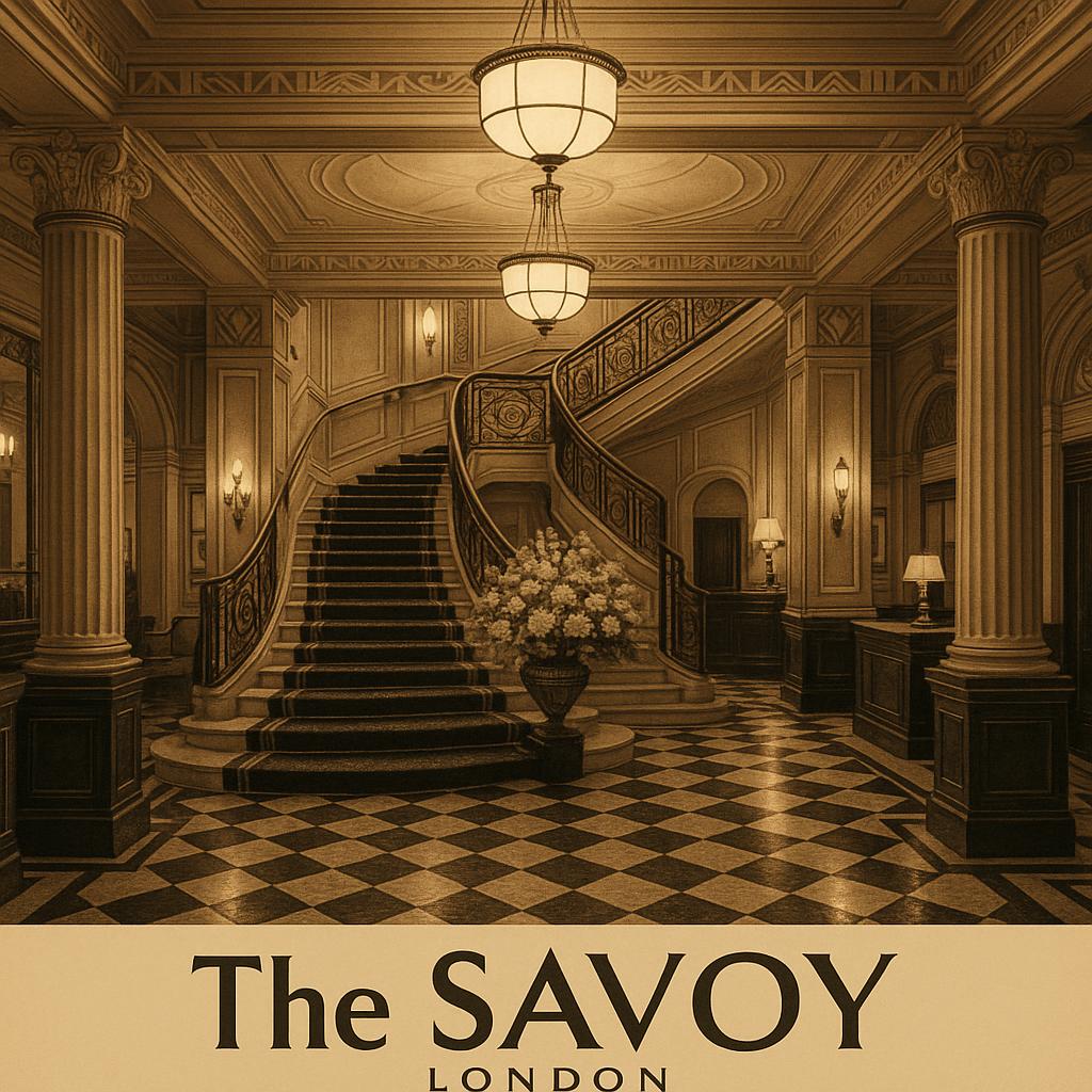 Historic lobby of The Savoy with grand staircase and Art Deco design