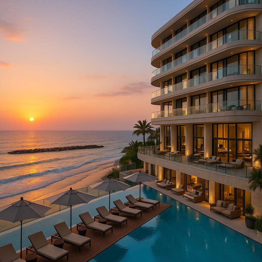 The Setai Tel Aviv beachfront infinity pool with sea views at sunset