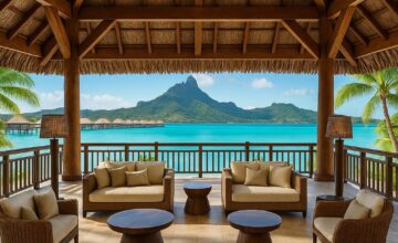 The iconic St. Regis Bora Bora Resort lobby with panoramic lagoon views