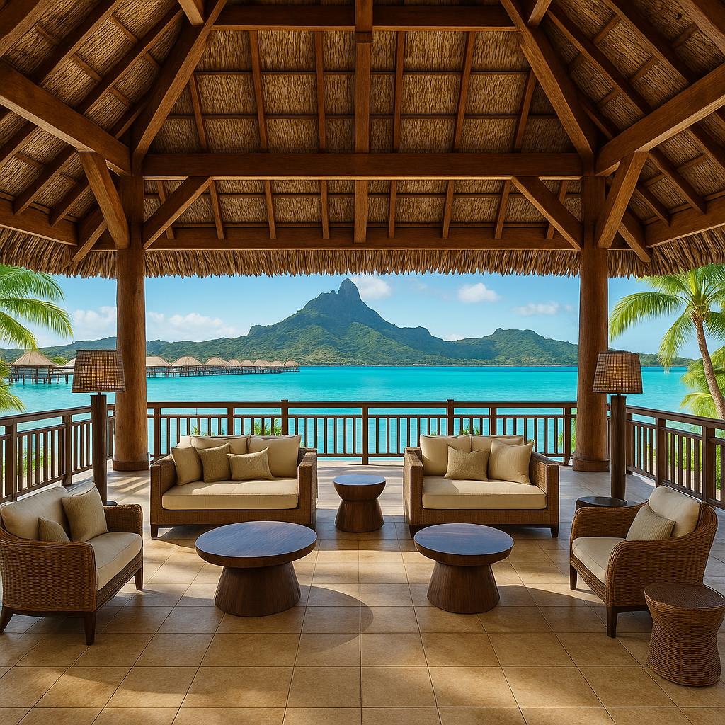 The iconic St. Regis Bora Bora Resort lobby with panoramic lagoon views