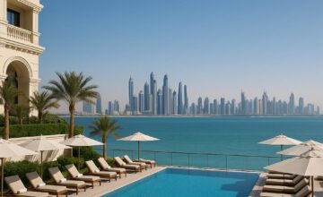 Infinity pool overlooking Arabian Gulf and Dubai skyline at The St. Regis Dubai, The Palm
