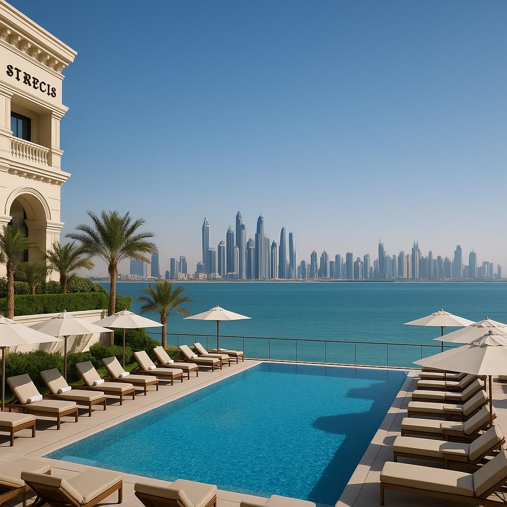 Infinity pool overlooking Arabian Gulf and Dubai skyline at The St. Regis Dubai, The Palm