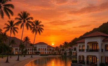 Sunset view of The St. Regis Langkawi beachfront resort with luxury villas and palm trees