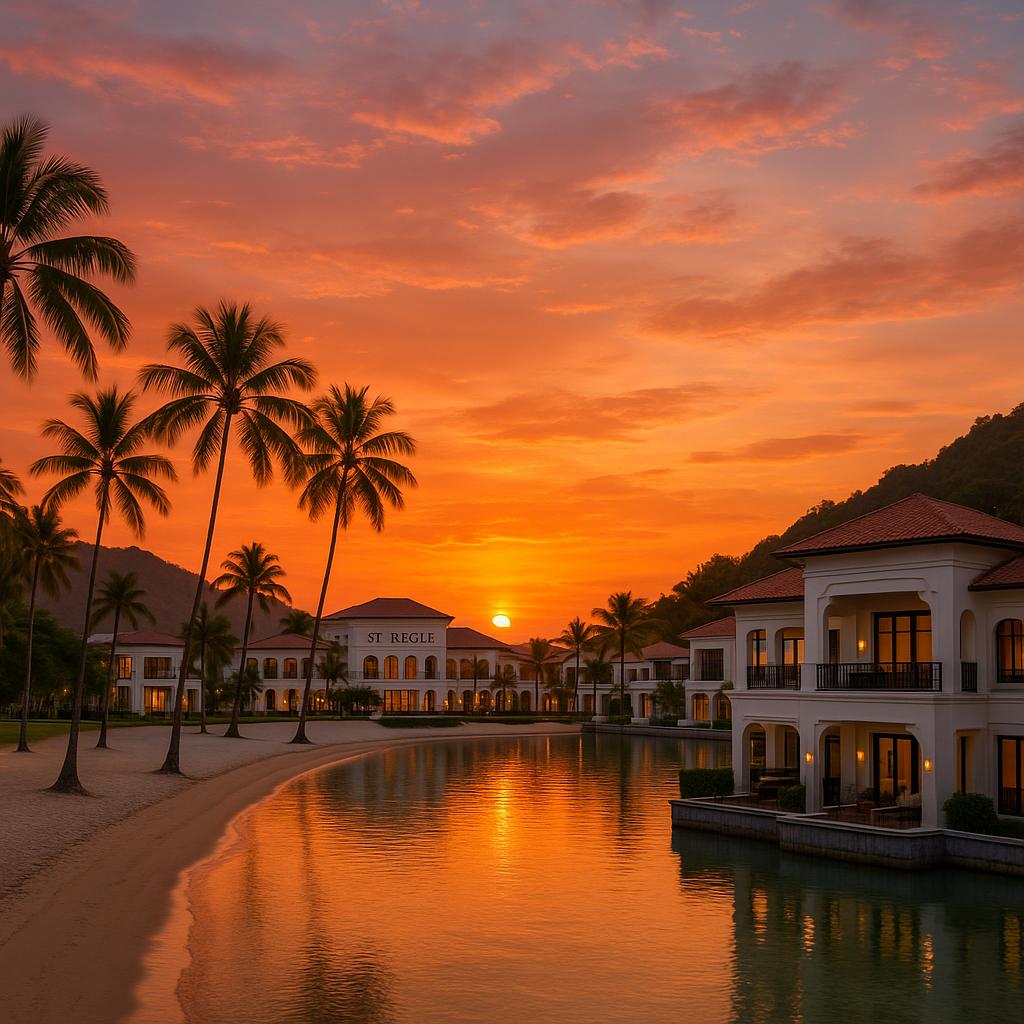 Sunset view of The St. Regis Langkawi beachfront resort with luxury villas and palm trees