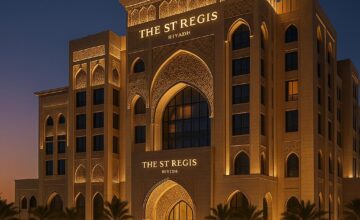 Exterior view of The St. Regis Riyadh at dusk, highlighting modern Arabian fusion design
