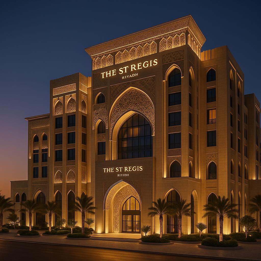 Exterior view of The St. Regis Riyadh at dusk, highlighting modern Arabian fusion design