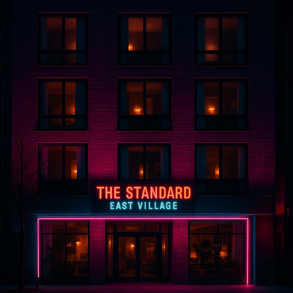 The Standard East Village hotel glowing with neon lights at night