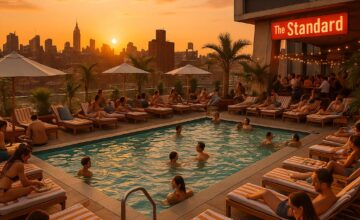 The Standard High Line rooftop pool deck with sunset views and lively beach club atmosphere