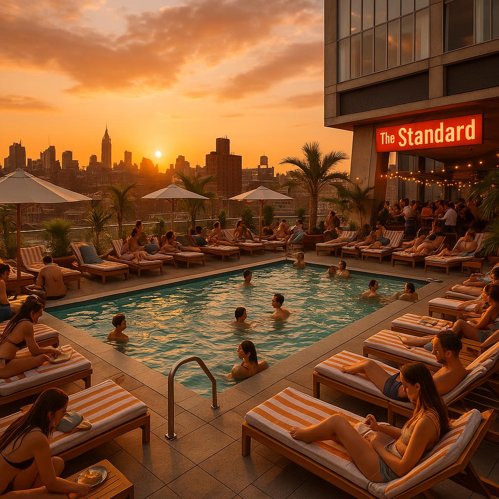 The Standard High Line rooftop pool deck with sunset views and lively beach club atmosphere