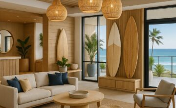 Surfrider Malibu Lobby with coastal decor and ocean light
