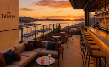 Rooftop bar at The Tasman Hobart with harbor and sunset views