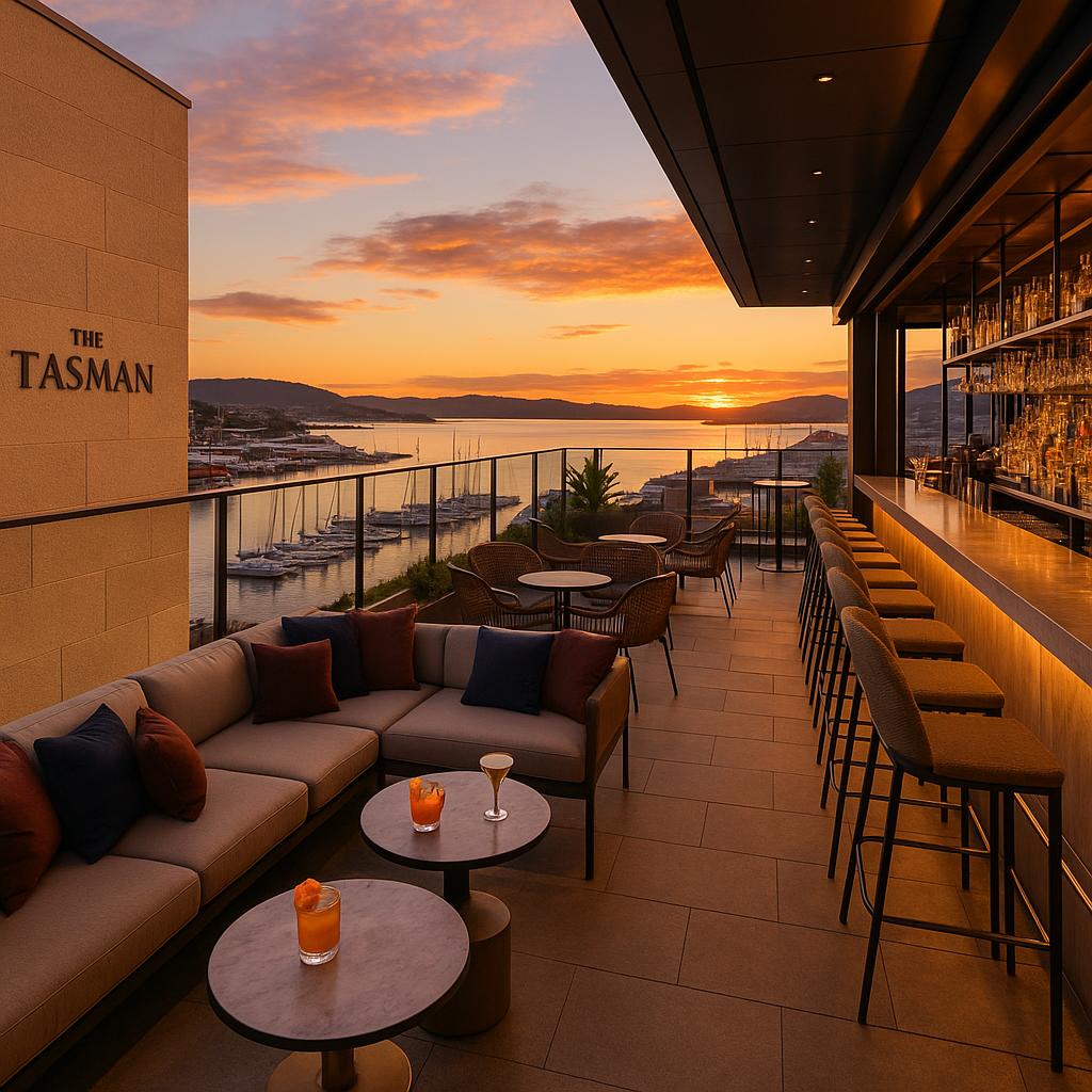 Rooftop bar at The Tasman Hobart with harbor and sunset views