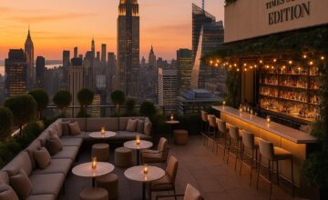 Rooftop bar view at The Times Square EDITION with city skyline at sunset