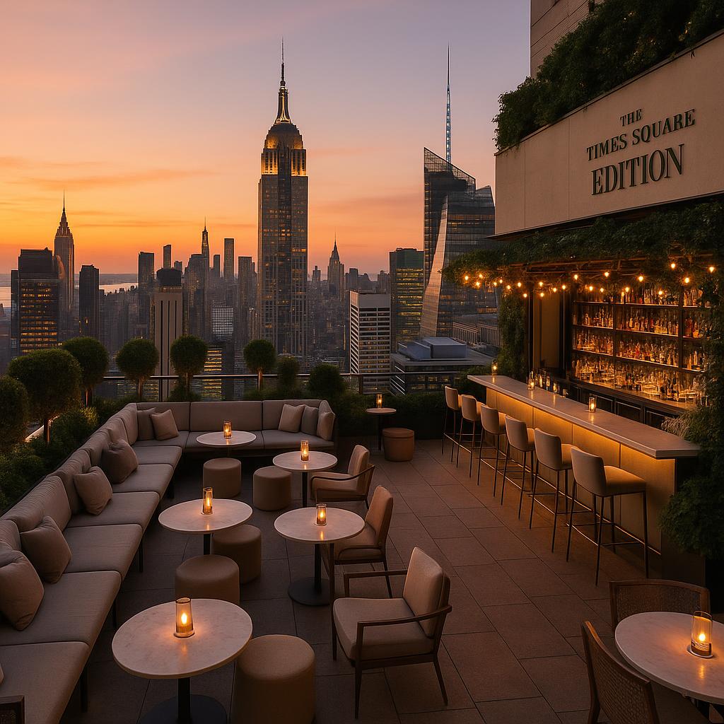 Rooftop bar view at The Times Square EDITION with city skyline at sunset