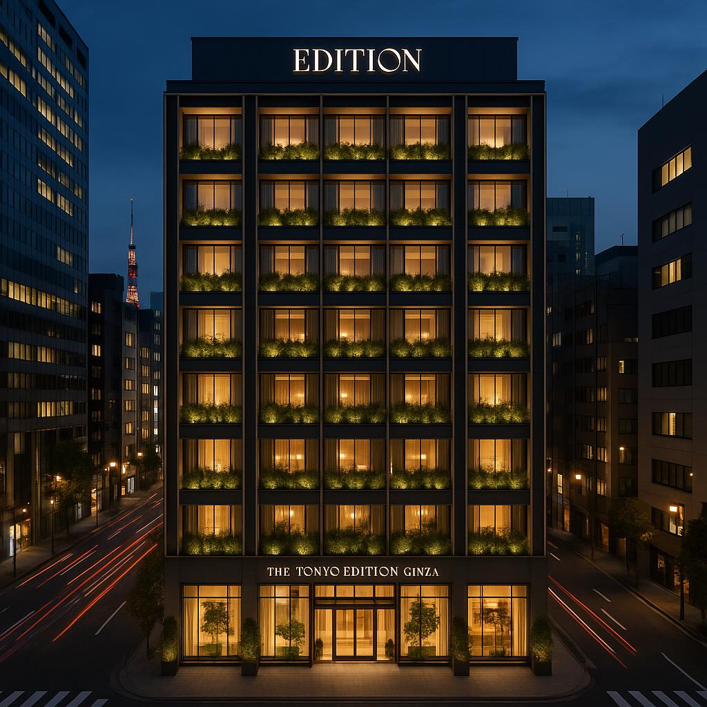 The Tokyo EDITION, Ginza hotel exterior at dusk with city lights