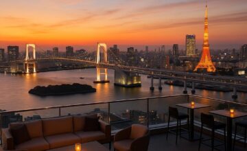 Rooftop view at The Tokyo EDITION, Toranomon with city skyline at sunset