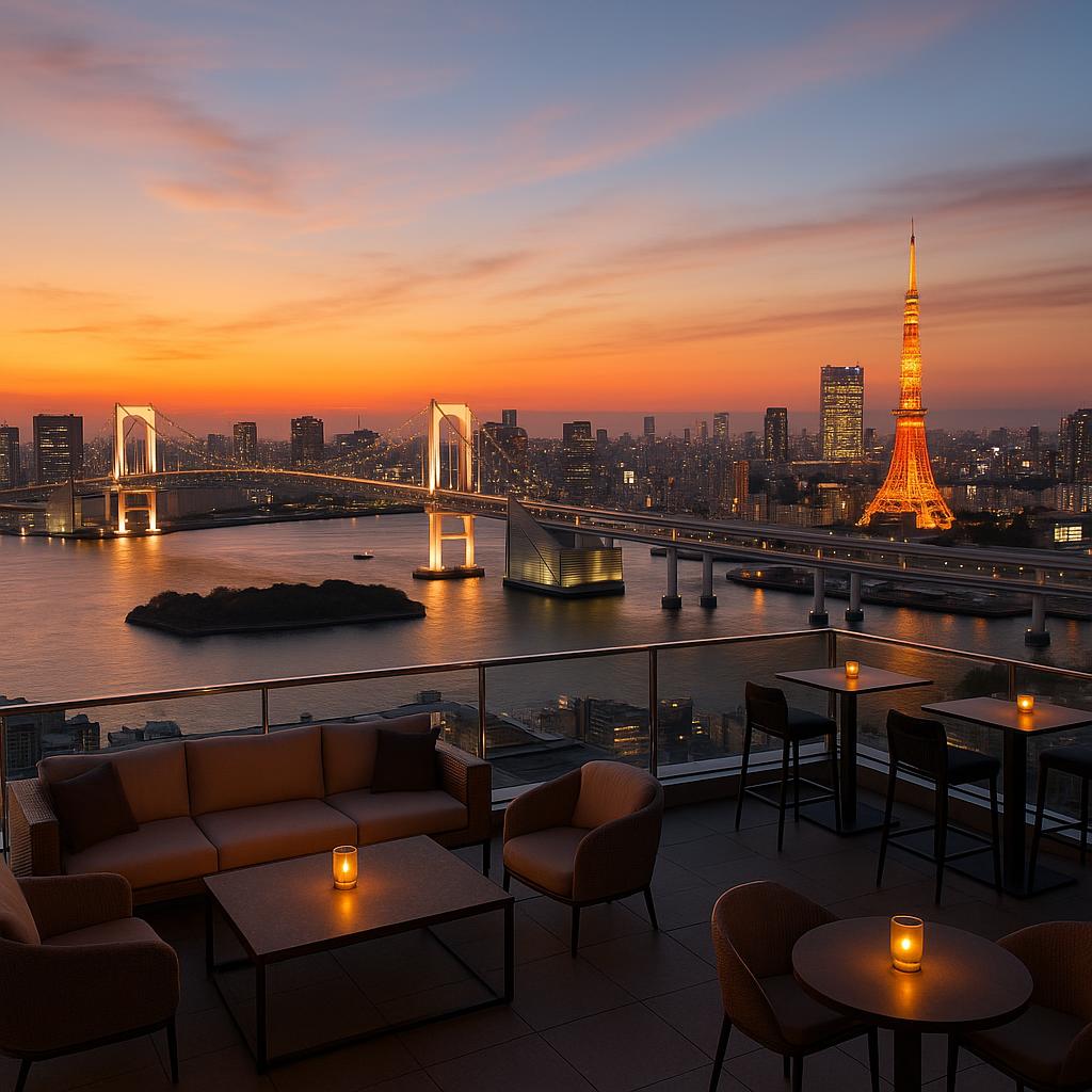 Rooftop view at The Tokyo EDITION, Toranomon with city skyline at sunset