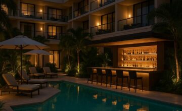 The Whitby Hotel pool area featuring sleek design and ambient lighting