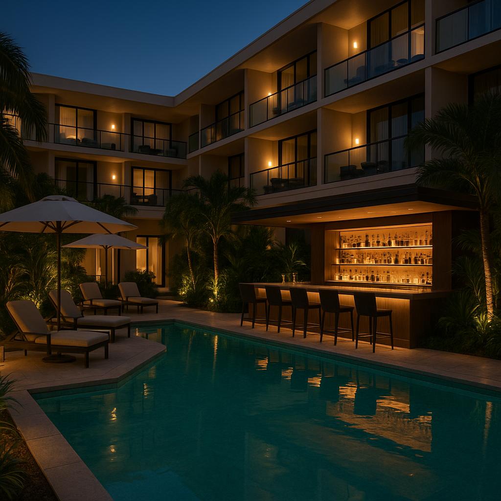 The Whitby Hotel pool area featuring sleek design and ambient lighting