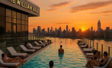The William Vale rooftop pool overlooking Brooklyn skyline at sunset